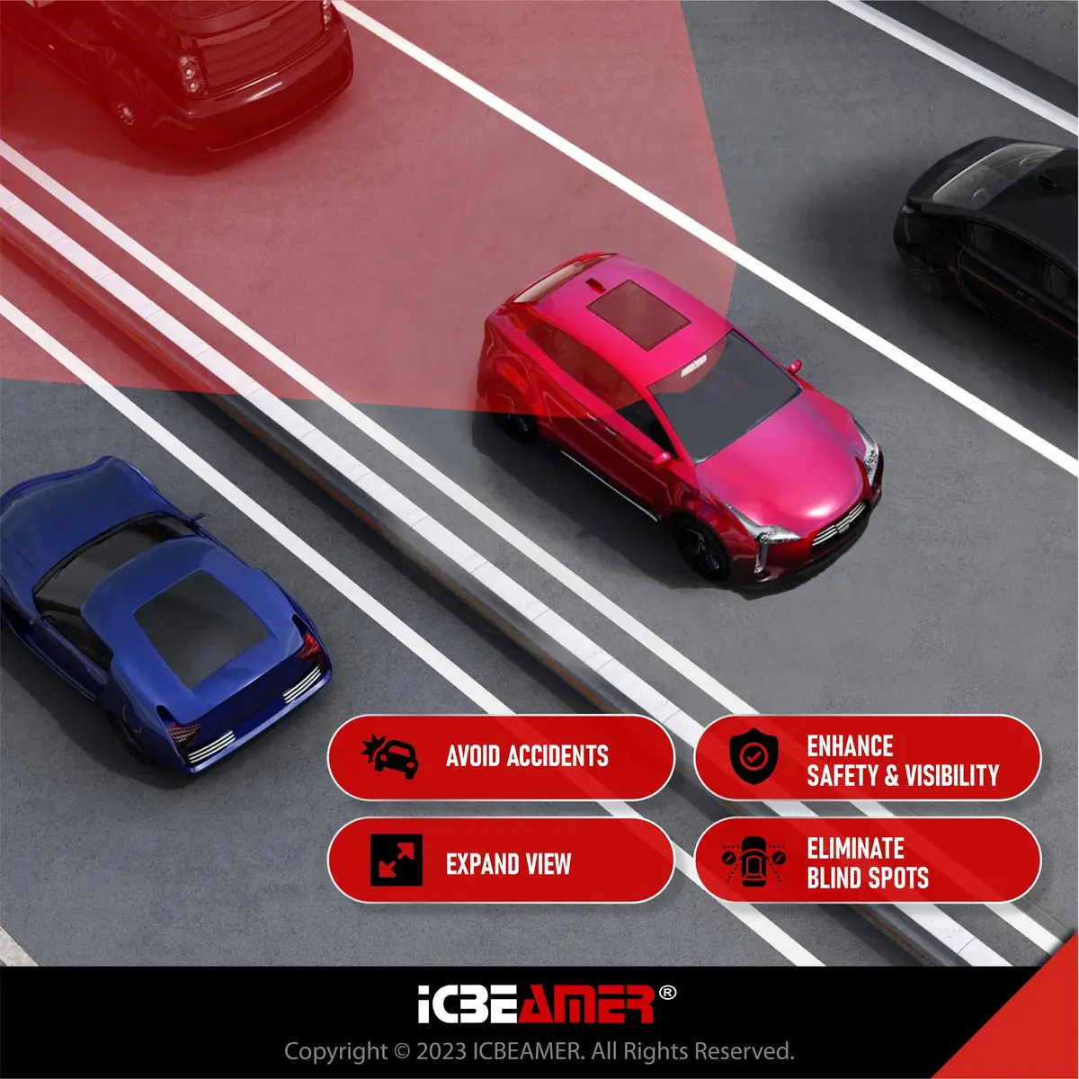 ICBEAMER 9.4" Rear View Mirror | Flat Blue Tint, Wide Angle, Anti Glare, Universal Fit - view 5