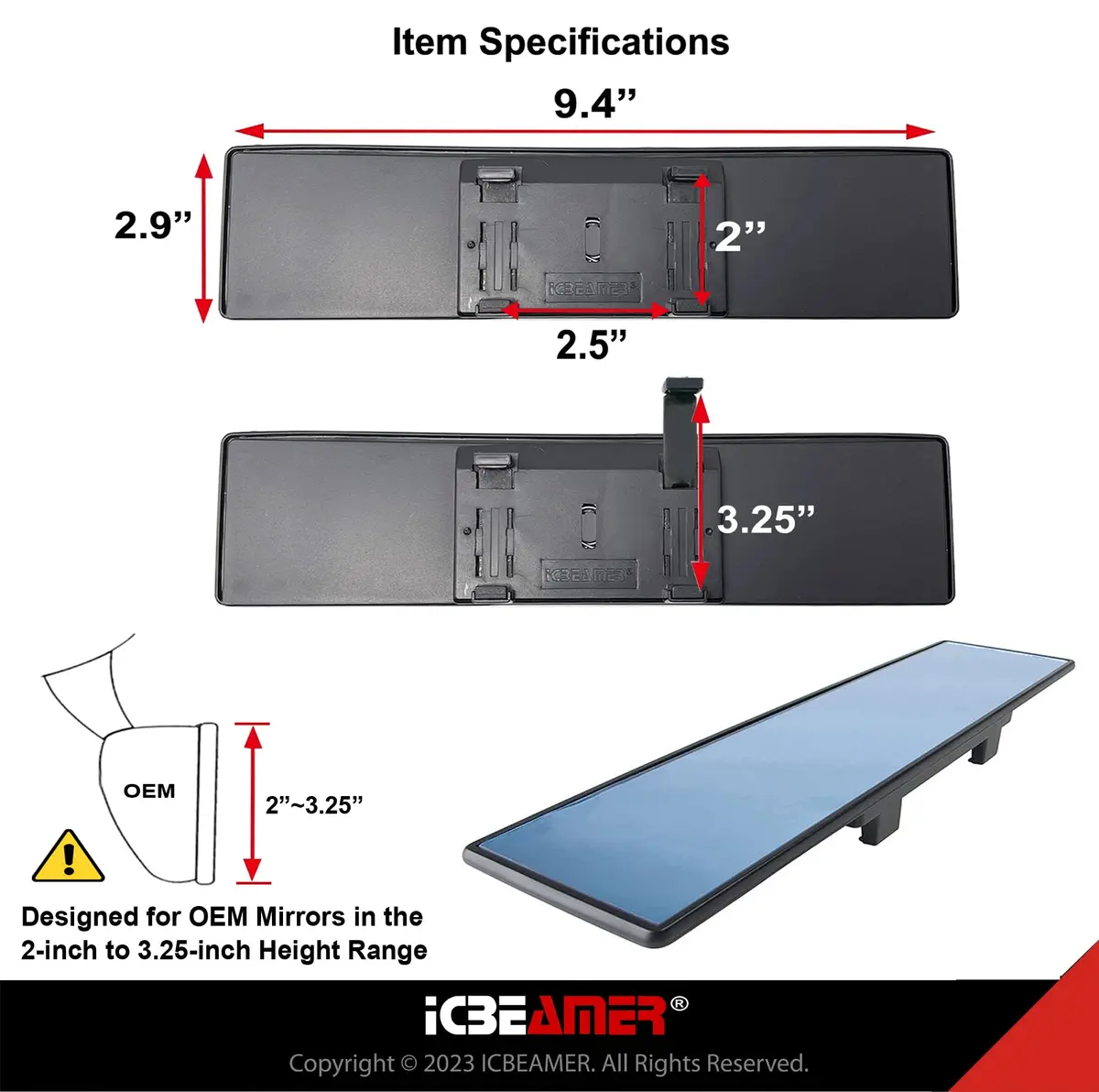 ICBEAMER 9.4" Rear View Mirror | Flat Blue Tint, Wide Angle, Anti Glare, Universal Fit - view 7