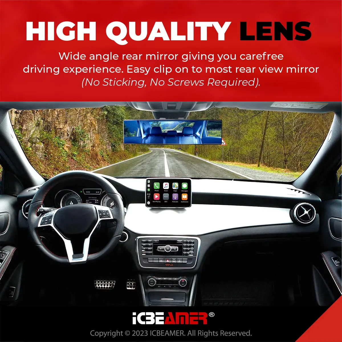 ICBEAMER 9.4" Rear View Mirror | Flat Blue Tint, Wide Angle, Anti Glare, Universal Fit - view 4