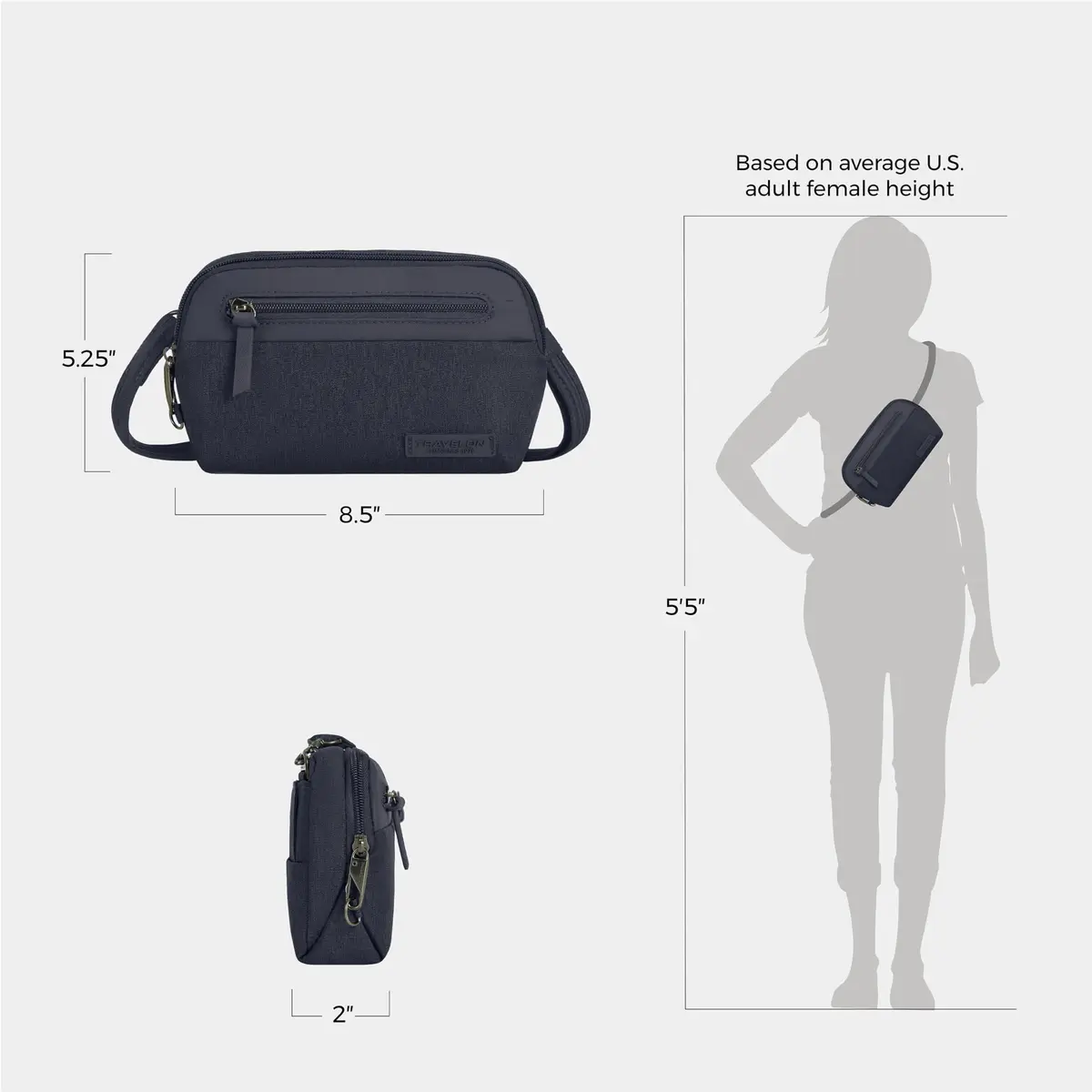 Travelon Anti-Theft Metro Convertible Small Crossbody Bag | RFID & Locking Zippers, 8.5"W x 5.25"H, Navy Heather - view 5