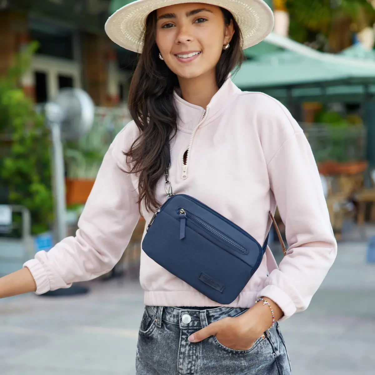 Travelon Anti-Theft Metro Convertible Small Crossbody Bag | RFID & Locking Zippers, 8.5"W x 5.25"H, Navy Heather - view 2