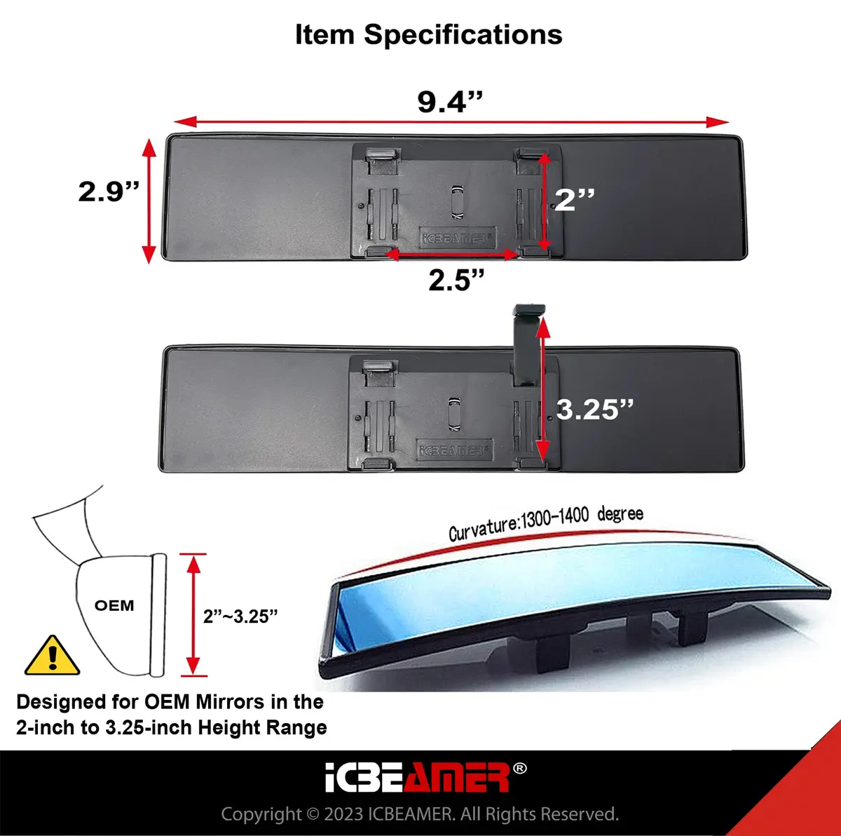 ICBEAMER 9.4" Convex Rear View Mirror | Wide Angle, Anti Glare, Blue Tint, Clip-On for Car, SUV, Truck - view 6