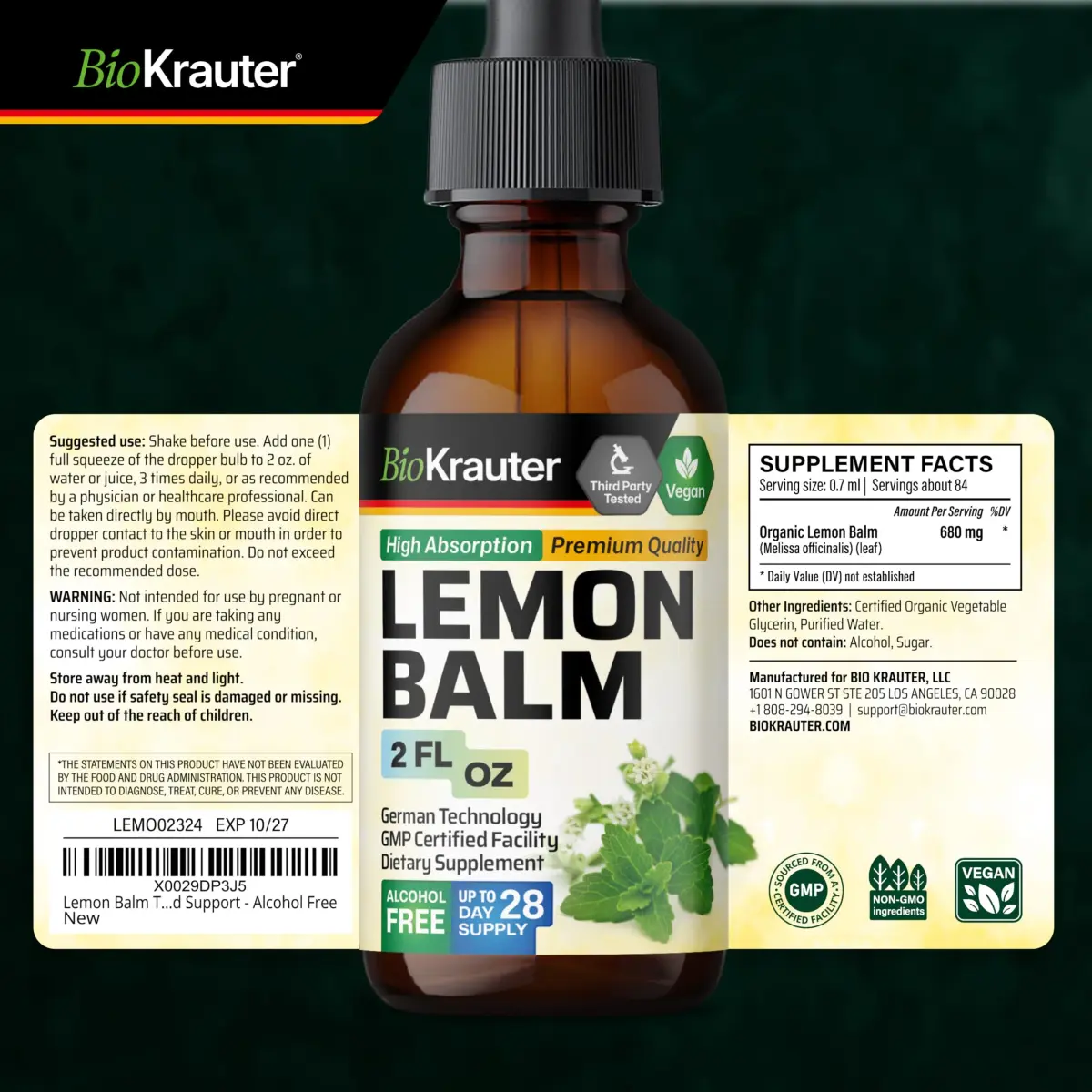 BIO KRAUTER Lemon Balm Tincture 60 ml (2 Fl Oz) | Natural Calming & Sleep Support - view 9