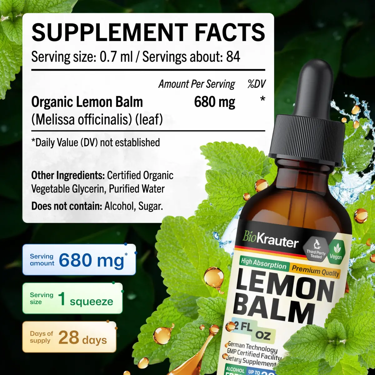 BIO KRAUTER Lemon Balm Tincture 60 ml (2 Fl Oz) | Natural Calming & Sleep Support - view 4