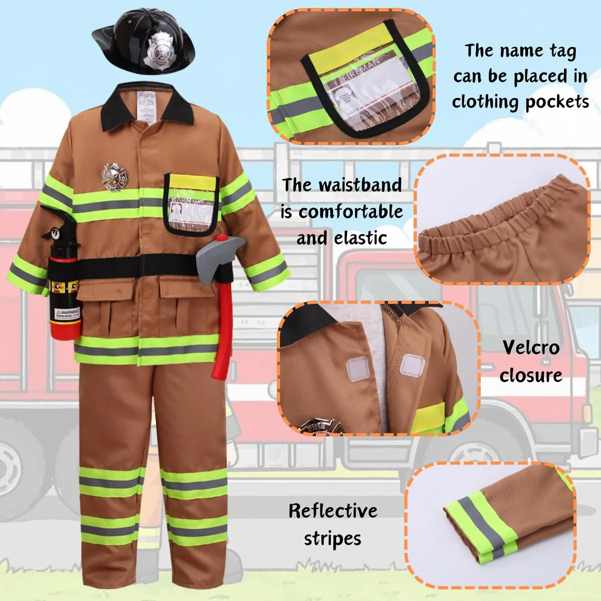 yolsun Kids Fireman Costume Set Halloween Role Play Dress Up Tan, 4-5Y | Authentic US Import for Kids - view 4