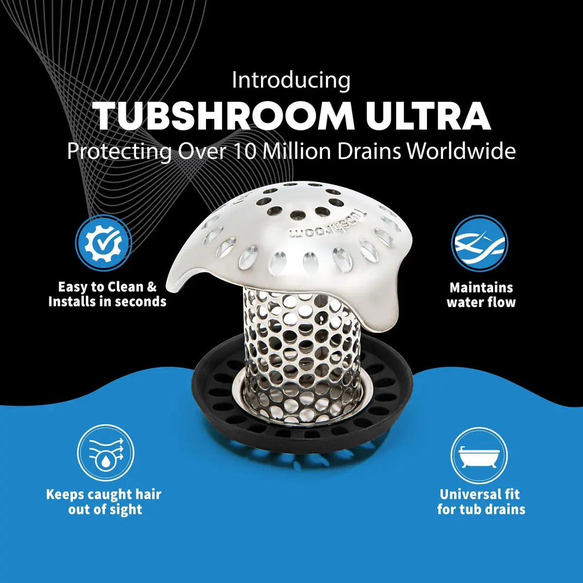 TubShroom Ultra Hair Catcher & Strainer for Bathtub Drains, Stainless Steel Combo with Adapters & Stopper | Catches Hair, Prevents Clogs - view 2