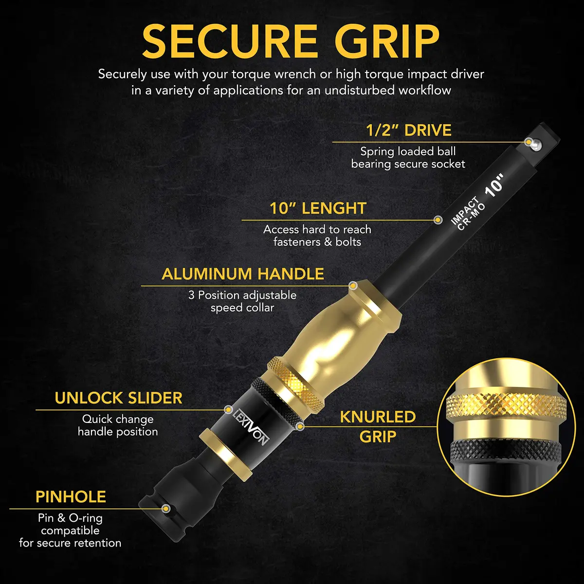 LEXIVON 1/2" Impact Extension Bar with Speed Collar 10" | Cr-Mo Steel, 3-Position Handle, Impact Grade (LX-116) - view 5