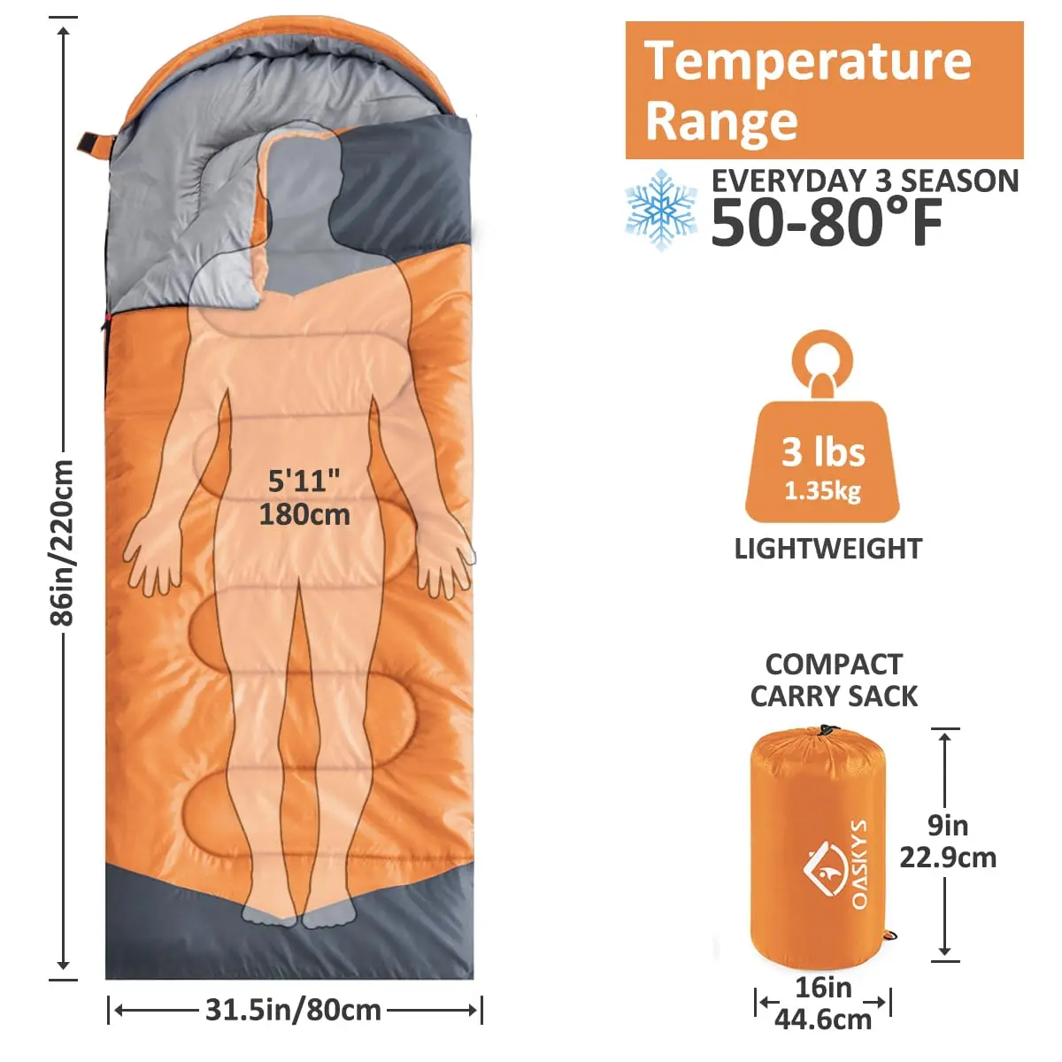 oaskys Camping Sleeping Bag - 3 Season Waterproof & Lightweight | Suitable for Adults & Kids - view 2