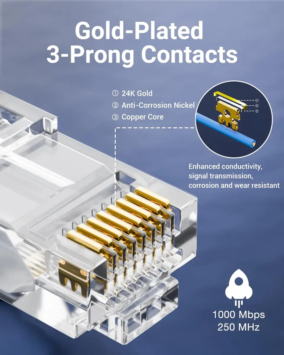 VCE Cat6 RJ45 Pass Through Connectors Gold Plated 8P8C 10 Gbps 50-Pack | UL Listed 250V AC Max - view 3