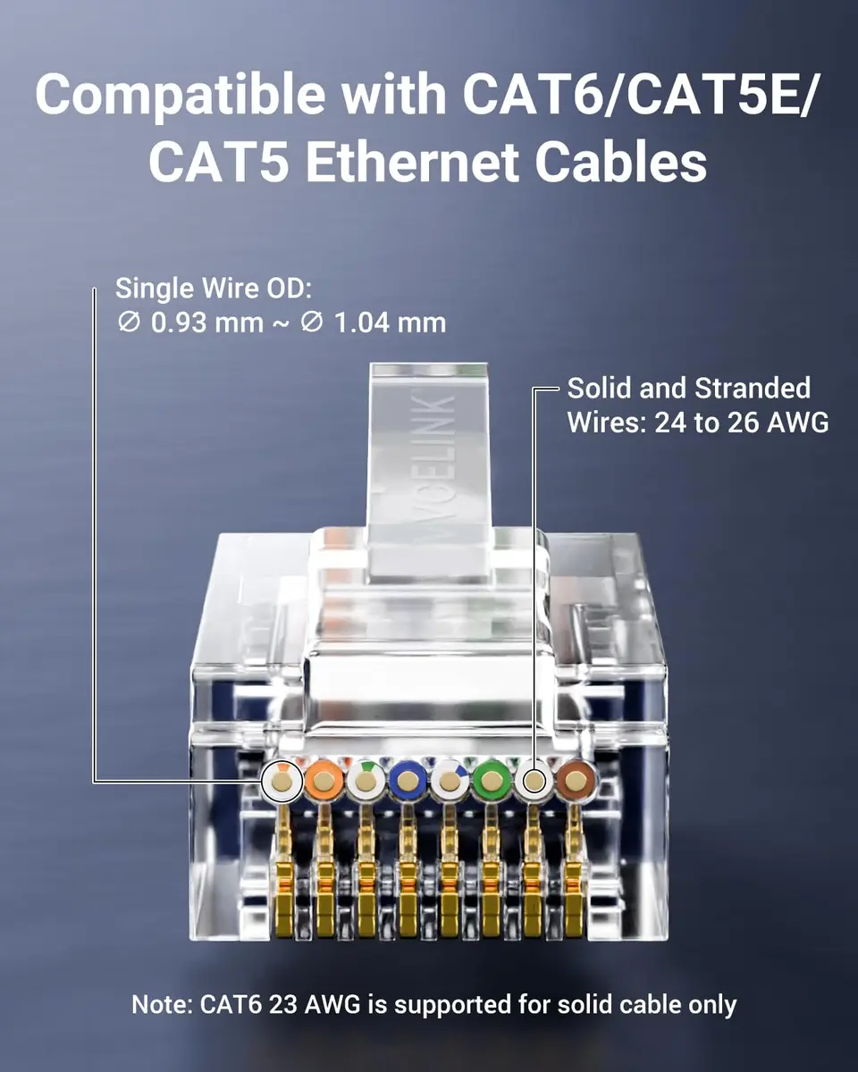 VCE Cat6 RJ45 Pass Through Connectors Gold Plated 8P8C 10 Gbps 50-Pack | UL Listed 250V AC Max - view 4