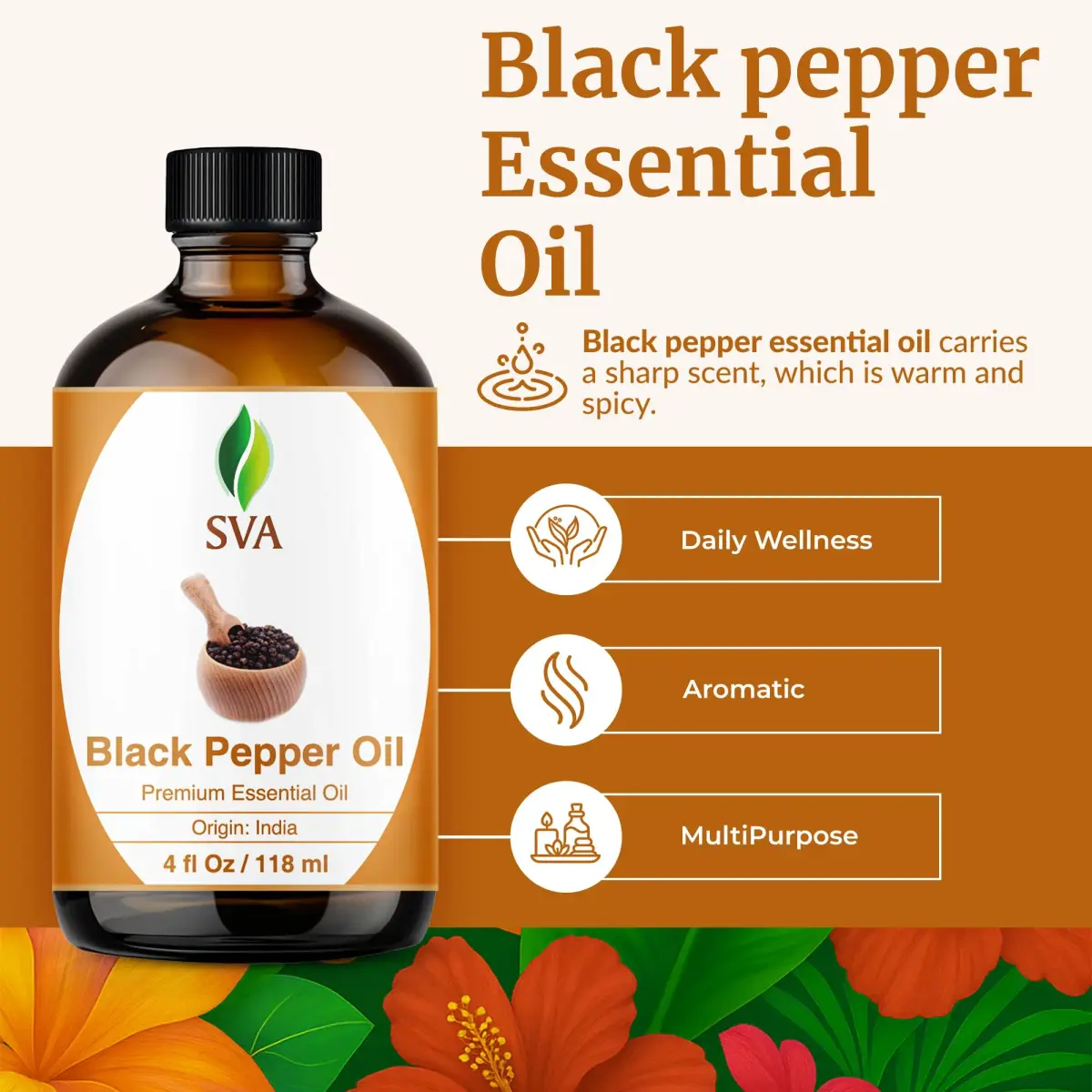 SVA ORGANICS Black Pepper Essential Oil 4 Fl Oz (118 mL) - Pure & Natural - view 2