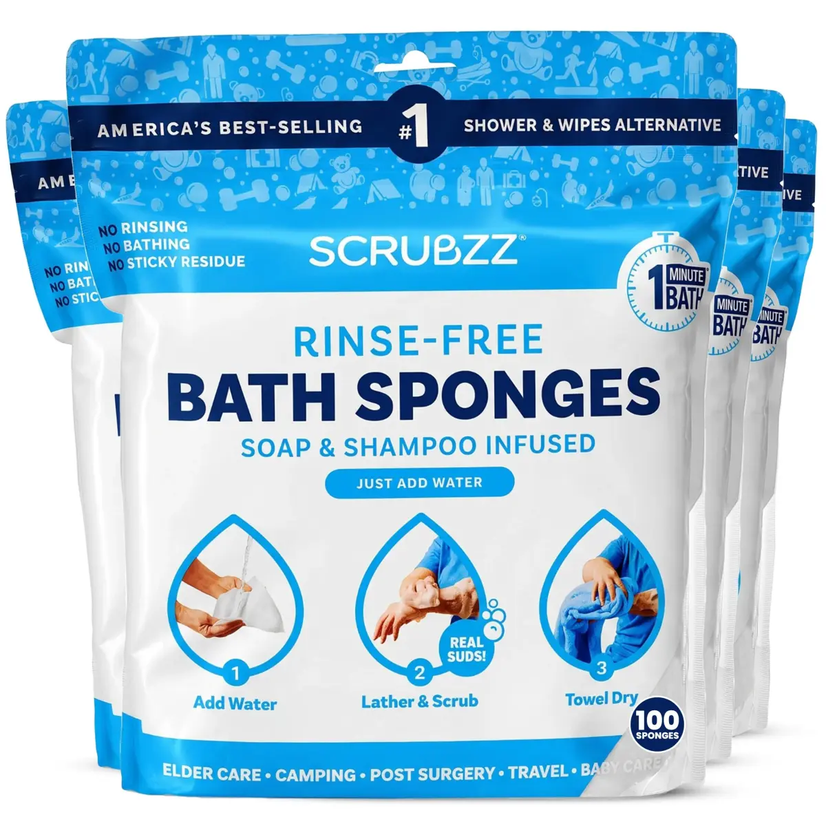 Scrubzz Disposable No Rinse Bathing Wipes 100 Count (4-Pack) | Hypoallergenic & Paraben-Free Cleansing - main product image