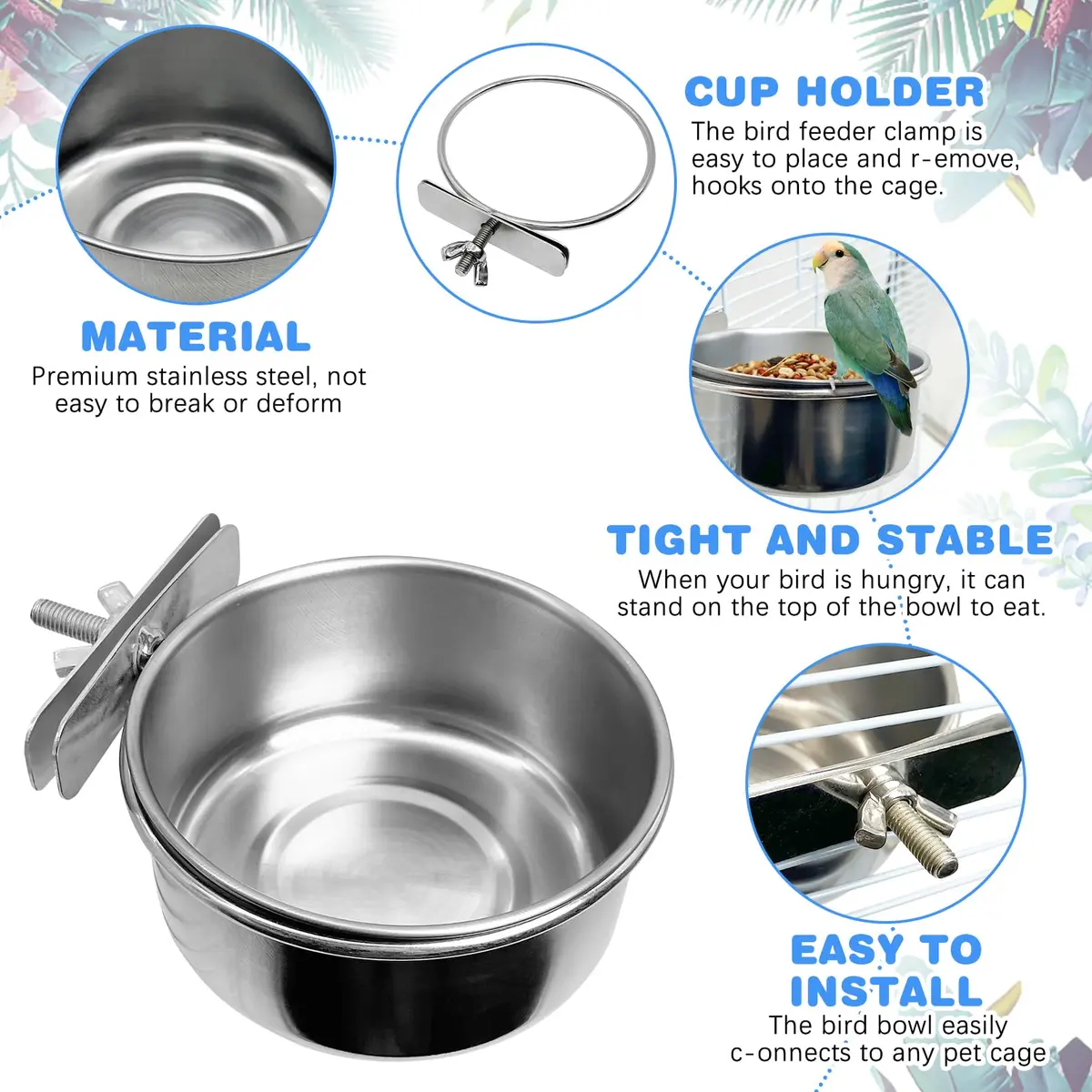 Tfwadmx Bird Feeding Dish Cups Parrot Food Bowl Clamp Holder Coop Cup 2PCS | Stainless Steel Water & Food Bowls for Cage - view 3