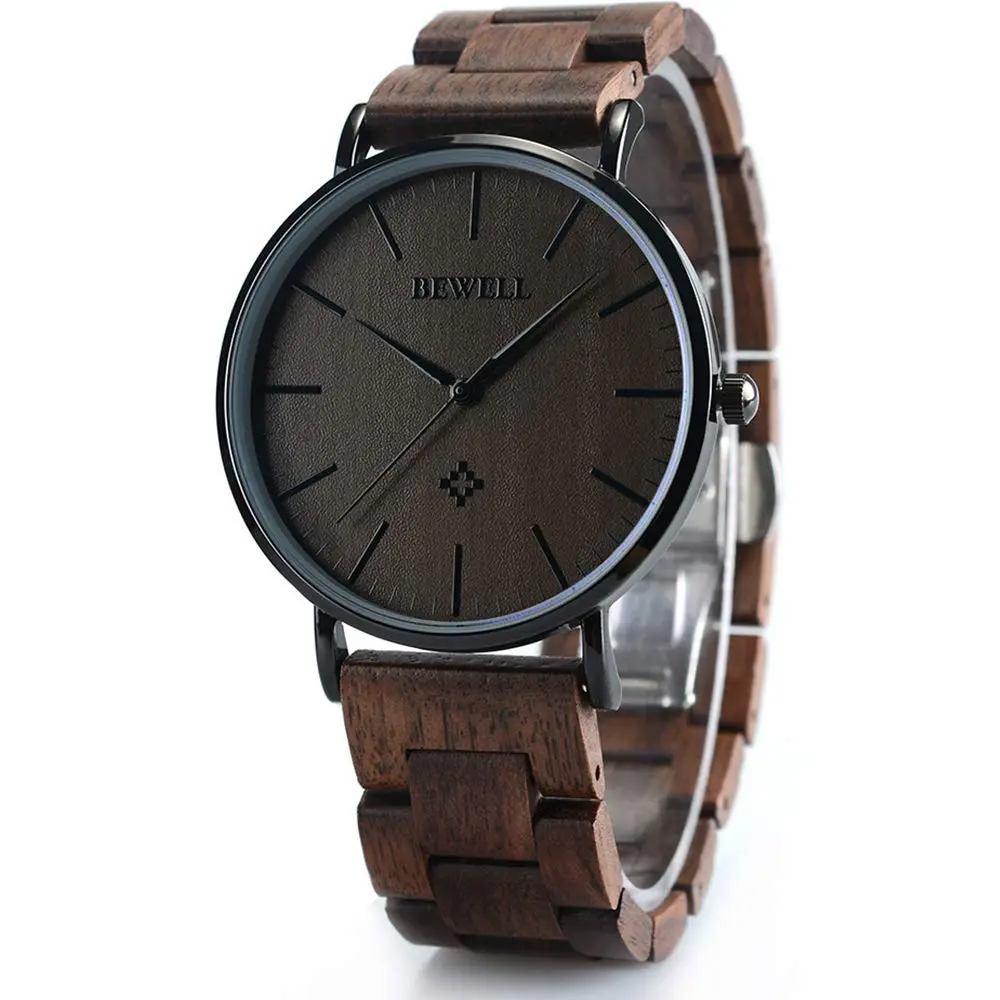 BEWELL Wooden Watches for Men Women Slim Analog Quartz Minimalist Couple Wrist Watch (Mens-Black) | Eco-Friendly & Stylish - main product image