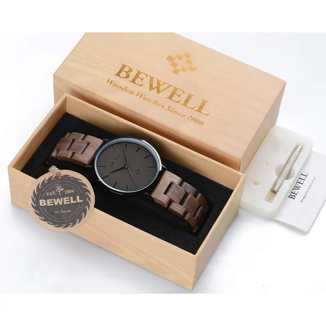BEWELL Wooden Watches for Men Women Slim Analog Quartz Minimalist Couple Wrist Watch (Mens-Black) | Eco-Friendly & Stylish - view 6