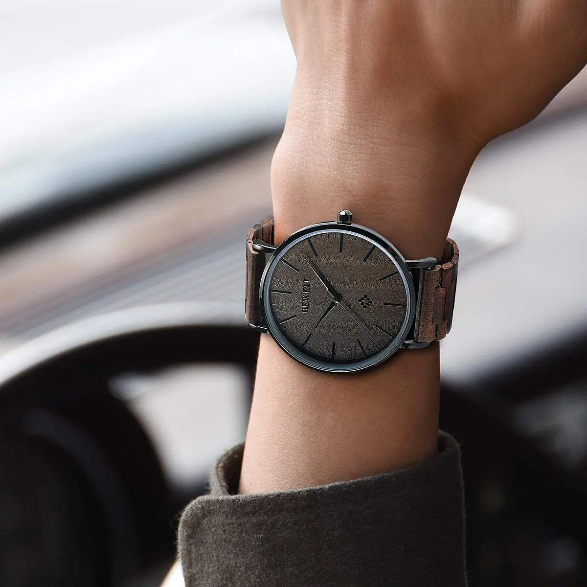 BEWELL Wooden Watches for Men Women Slim Analog Quartz Minimalist Couple Wrist Watch (Mens-Black) | Eco-Friendly & Stylish - view 2