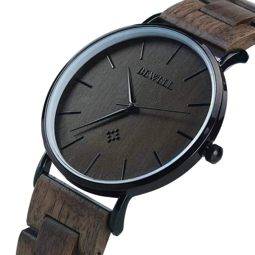 BEWELL Wooden Watches for Men Women Slim Analog Quartz Minimalist Couple Wrist Watch (Mens-Black) | Eco-Friendly & Stylish - view 3