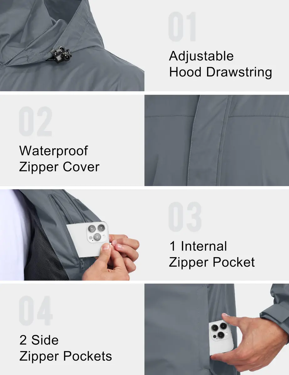 Little Donkey Andy Men's Waterproof Rain Jacket Hiking Gray S | Windproof & Breathable - view 5