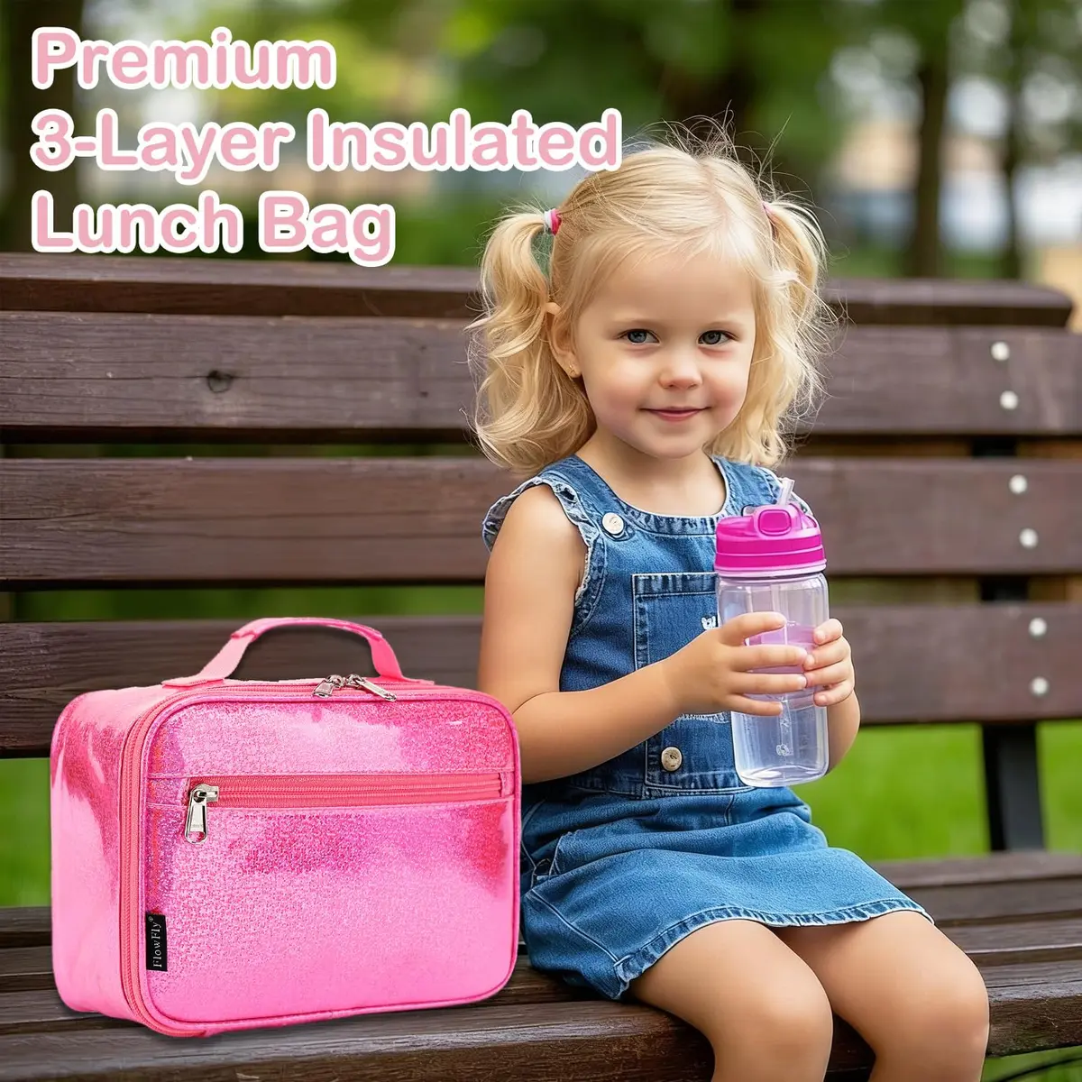 FlowFly Kids Lunch Box Insulated Soft Bag Pink | 5.8L (195ml) Thermal Meal Tote Kit for Girls & Boys - view 5