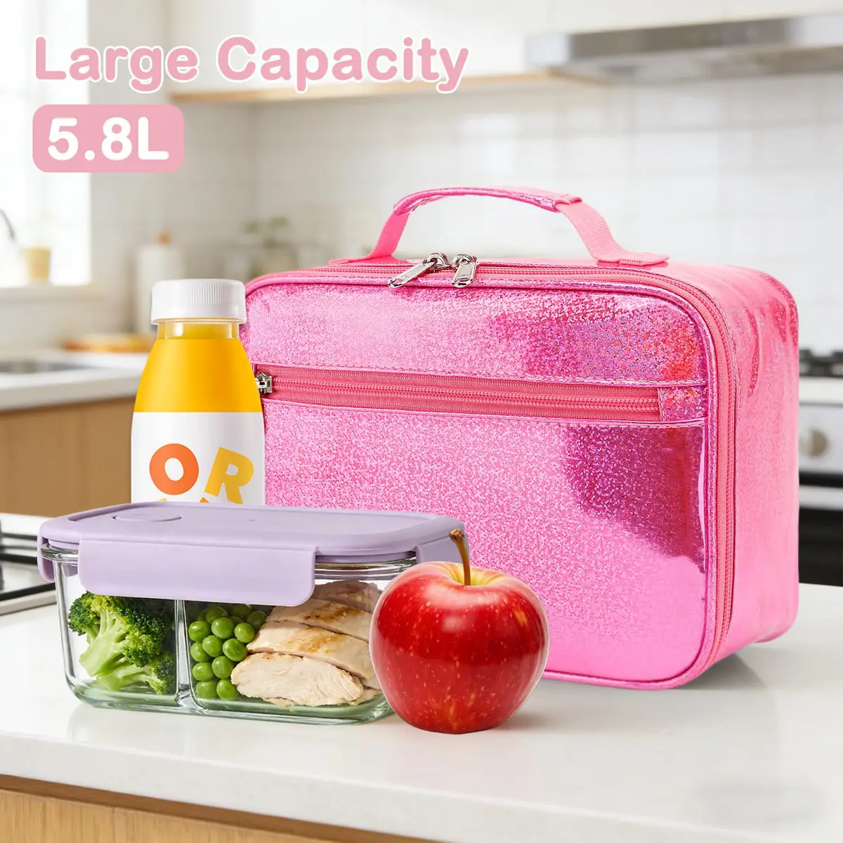 FlowFly Kids Lunch Box Insulated Soft Bag Pink | 5.8L (195ml) Thermal Meal Tote Kit for Girls & Boys - view 7
