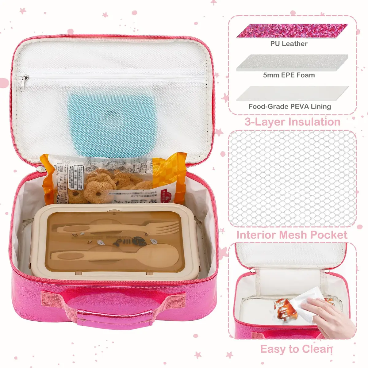 FlowFly Kids Lunch Box Insulated Soft Bag Pink | 5.8L (195ml) Thermal Meal Tote Kit for Girls & Boys - view 3