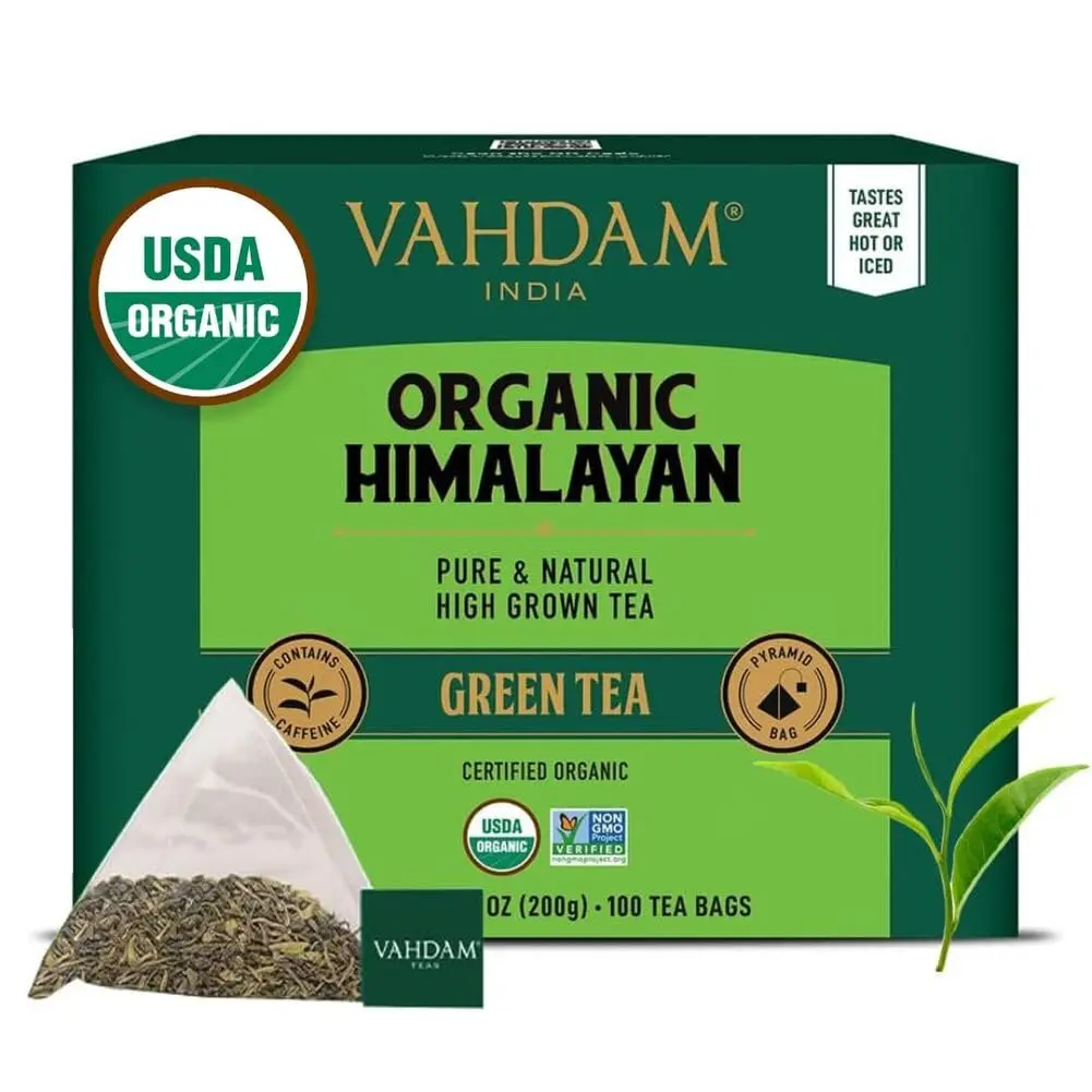 VAHDAM Organic Himalayan Green Tea 100 Count Pyramid Tea Bags | USDA Organic & Plant-Based - main product image