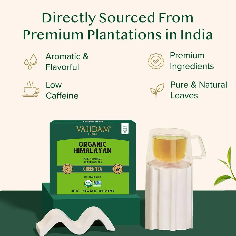 VAHDAM Organic Himalayan Green Tea 100 Count Pyramid Tea Bags | USDA Organic & Plant-Based - view 3