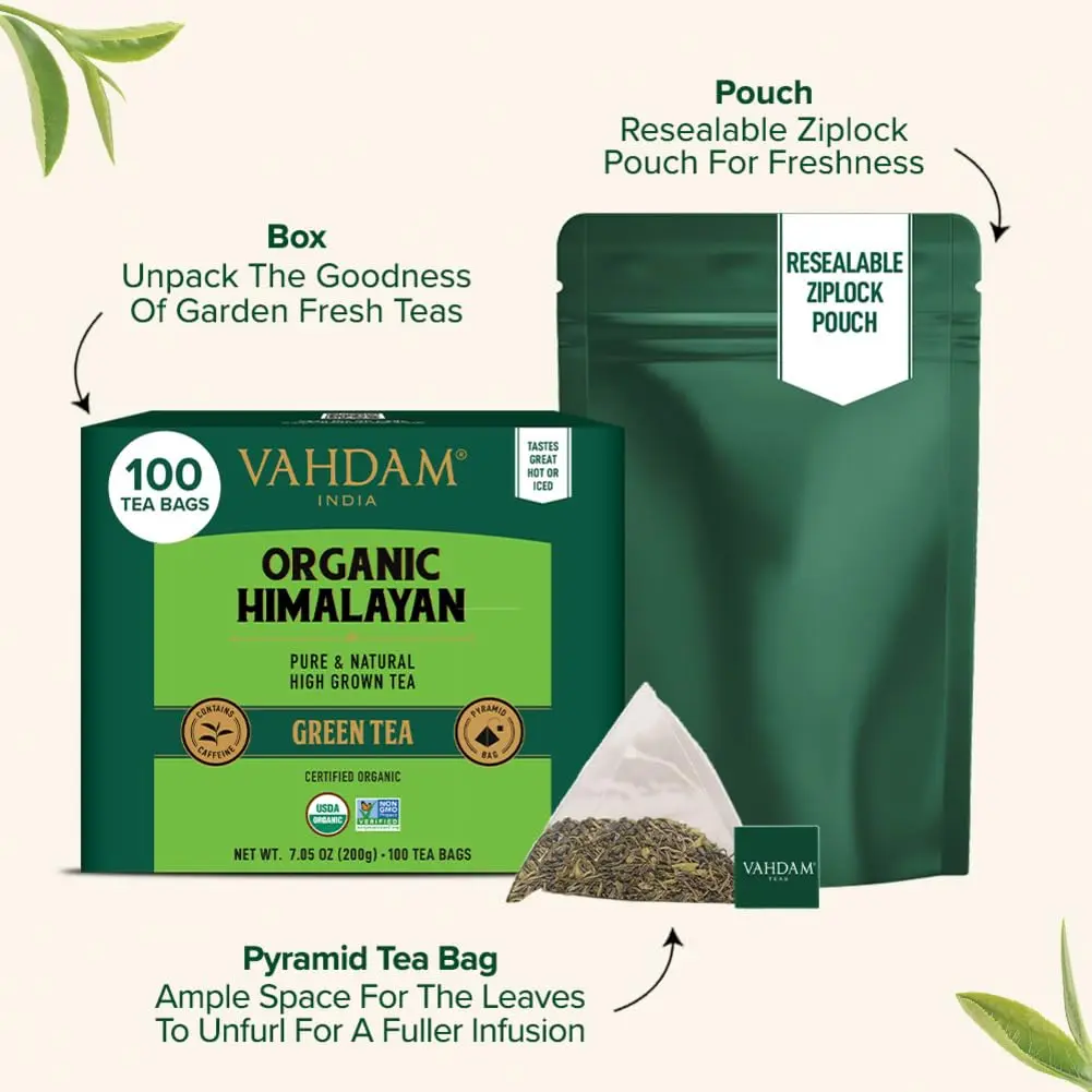 VAHDAM Organic Himalayan Green Tea 100 Count Pyramid Tea Bags | USDA Organic & Plant-Based - view 4