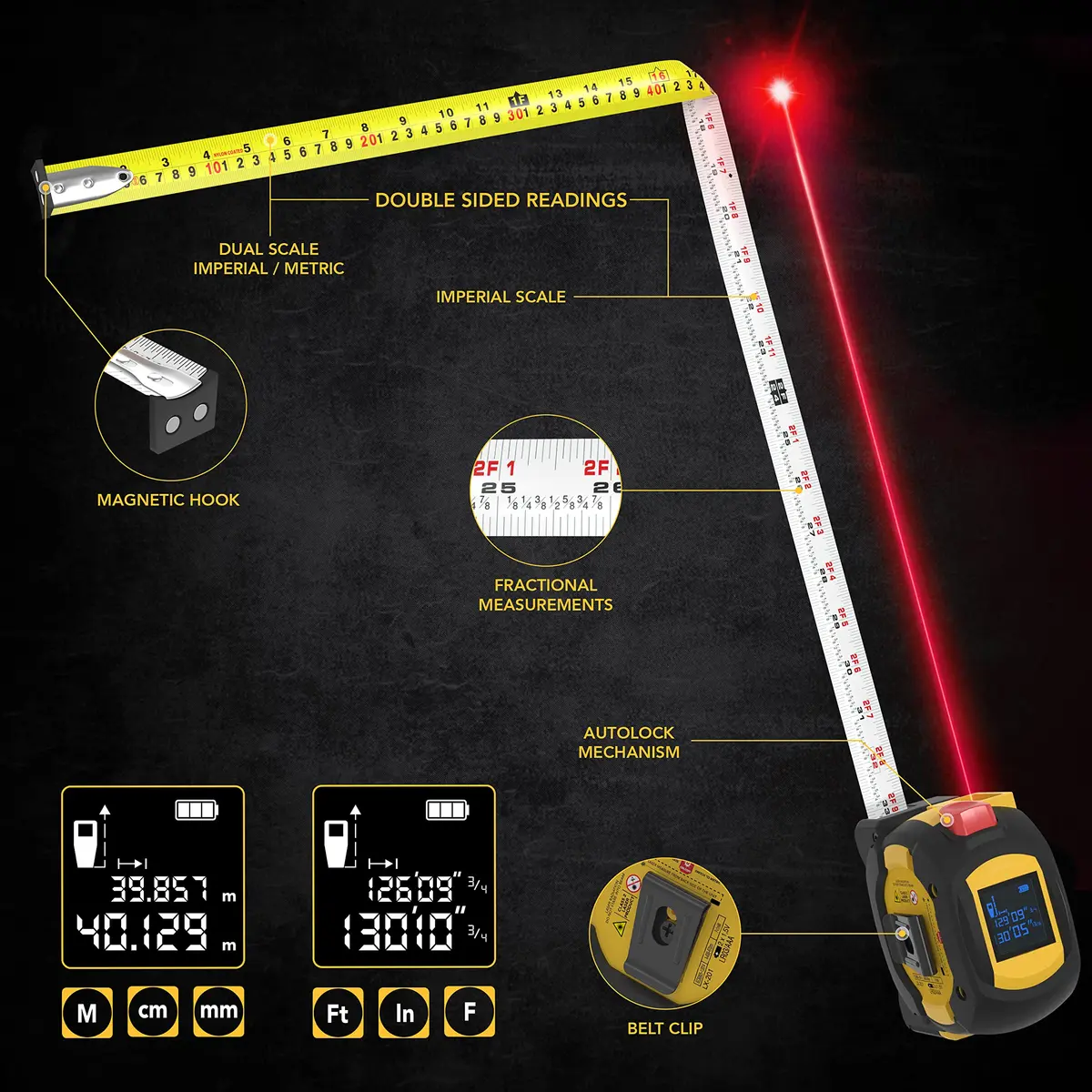 LEXIVON 2 in 1 Digital Laser Tape Measure 130ft (40m) | AutoLock & Backlit LCD - view 3