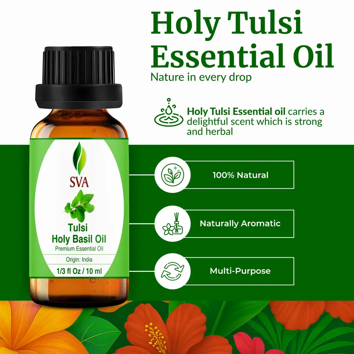 SVA ORGANICS Holy Tulsi Essential Oil 10 ml (0.33 Fl Oz) | Pure, Herbal Aroma for Diffusers & Skin - view 2