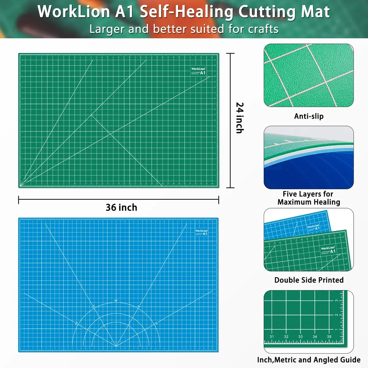 WORKLION 24" x 36" Self Healing PVC Cutting Mat, Double Sided, Gridded for Sewing & Crafting (93.5 x 63cm) - view 4