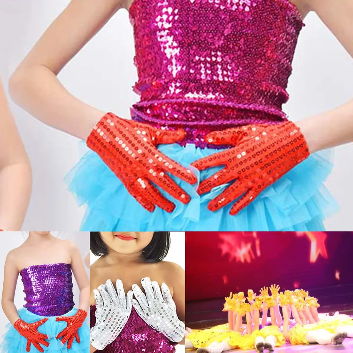 Honbay Silver Sparkling Sequin Gloves for Dance Performance - 23cm (9in) Pair - view 6