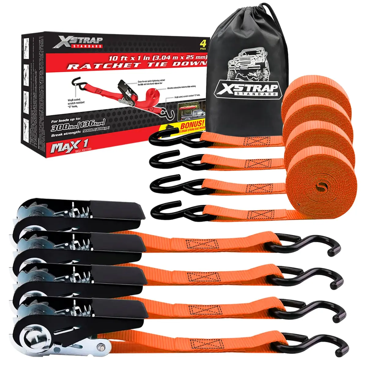 XSTRAP STANDARD 4-PK Ratchet Tie Down Straps, 1" x 10ft, Orange | Heavy Duty Cargo Straps with Alloy S-Hooks - main product image