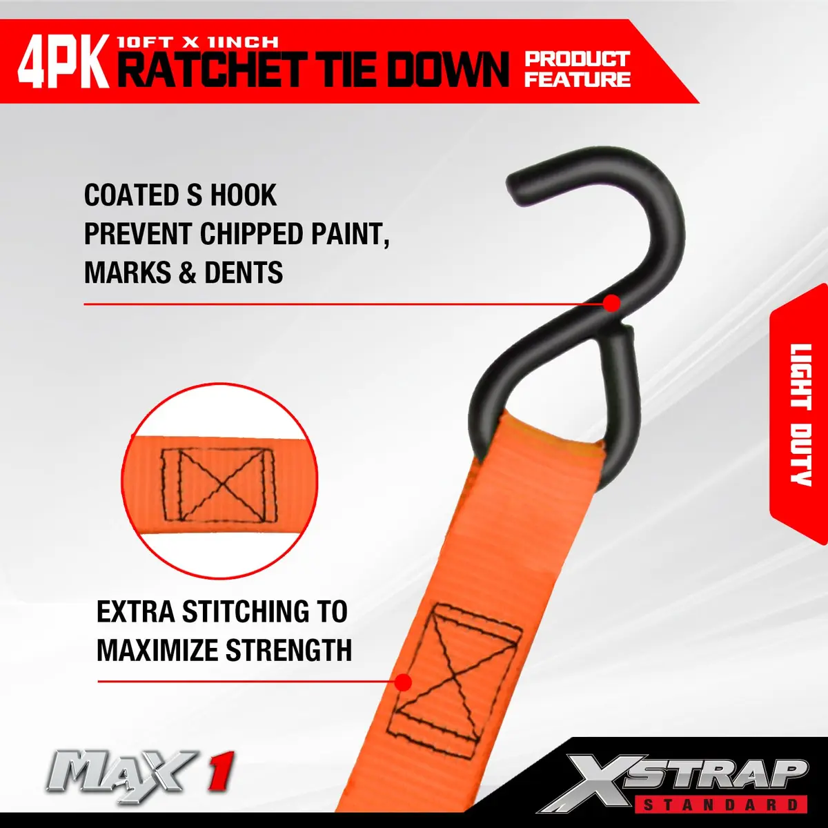 XSTRAP STANDARD 4-PK Ratchet Tie Down Straps, 1" x 10ft, Orange | Heavy Duty Cargo Straps with Alloy S-Hooks - view 5