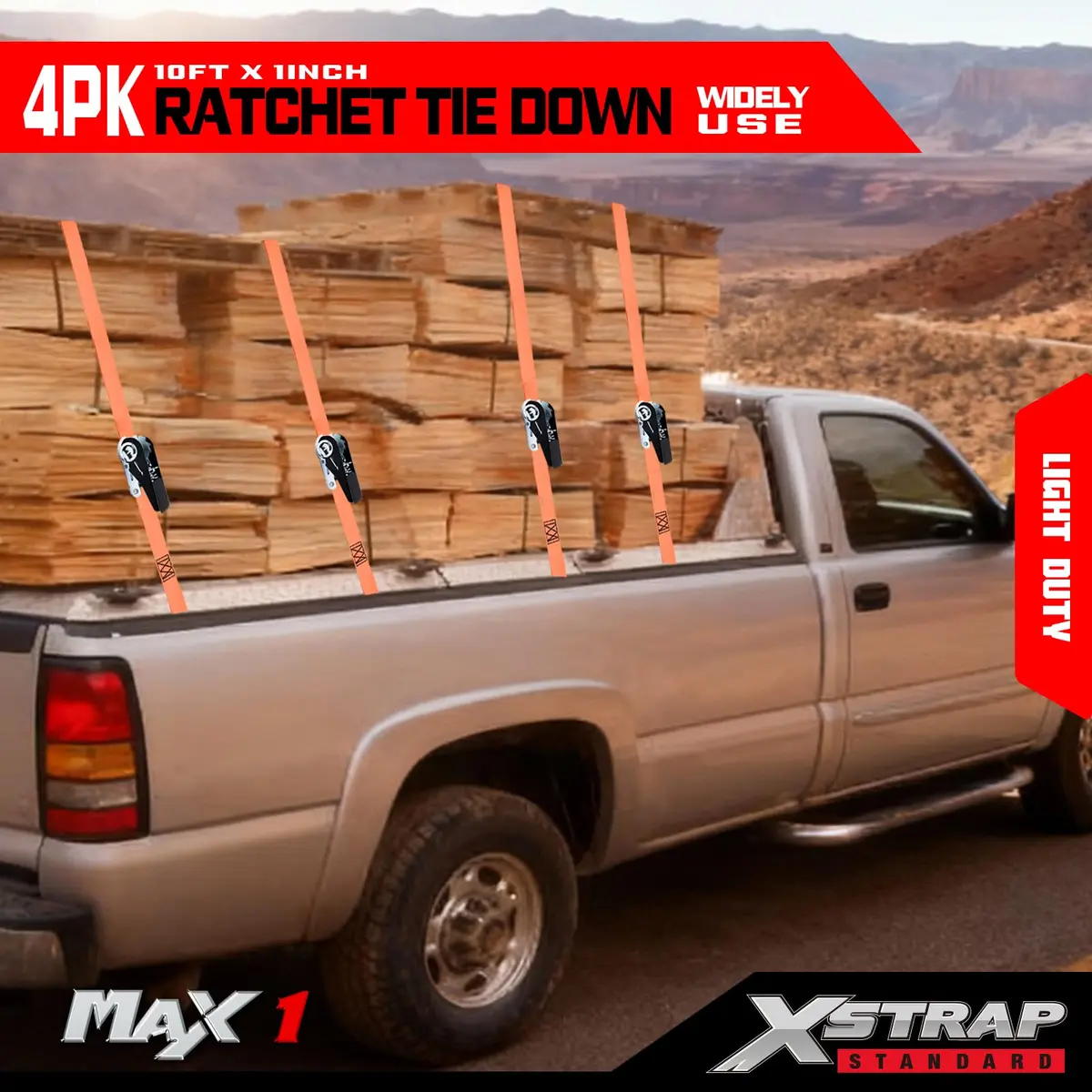 XSTRAP STANDARD 4-PK Ratchet Tie Down Straps, 1" x 10ft, Orange | Heavy Duty Cargo Straps with Alloy S-Hooks - view 6