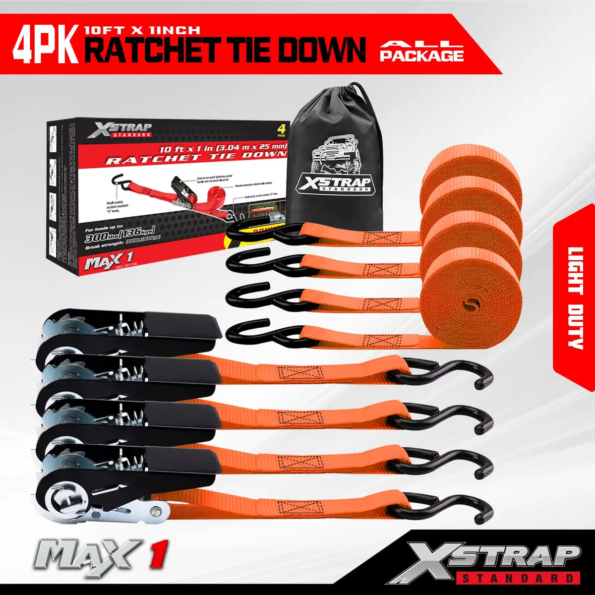 XSTRAP STANDARD 4-PK Ratchet Tie Down Straps, 1" x 10ft, Orange | Heavy Duty Cargo Straps with Alloy S-Hooks - view 7