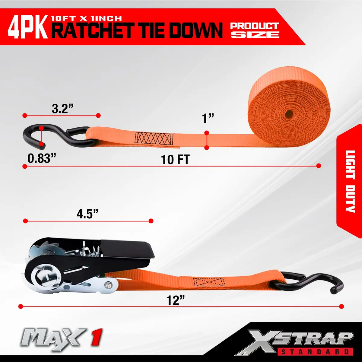 XSTRAP STANDARD 4-PK Ratchet Tie Down Straps, 1" x 10ft, Orange | Heavy Duty Cargo Straps with Alloy S-Hooks - view 3