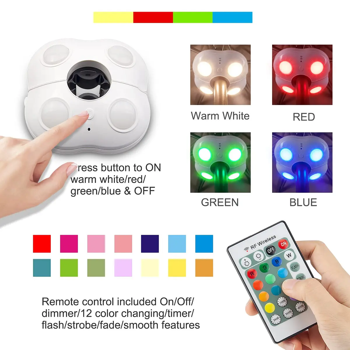 HONWELL Patio Umbrella Light 12-Color Cordless LED Battery Operated | 250 Lumens, Waterproof, Remote Control (49mm Diameter) - view 2