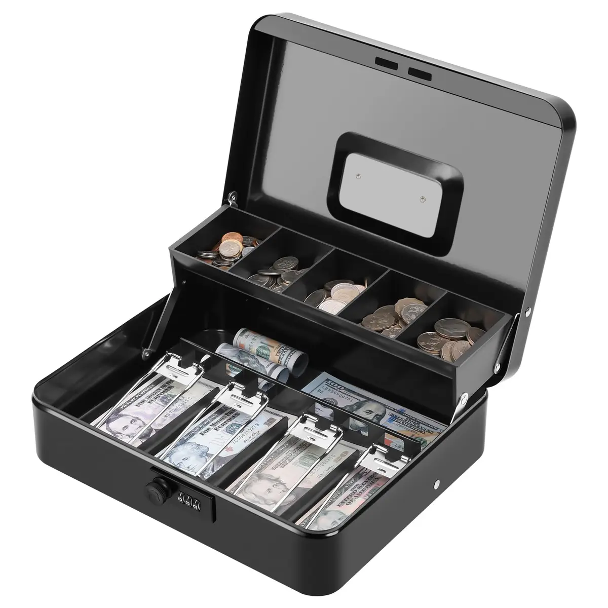 KYODOLED Metal Cash Box with Combination Lock & Spring-Loaded Bill Clips, 30cm (11.81") x 24cm (9.45") x 9cm (3.54") | Secure Storage for Businesses - main product image