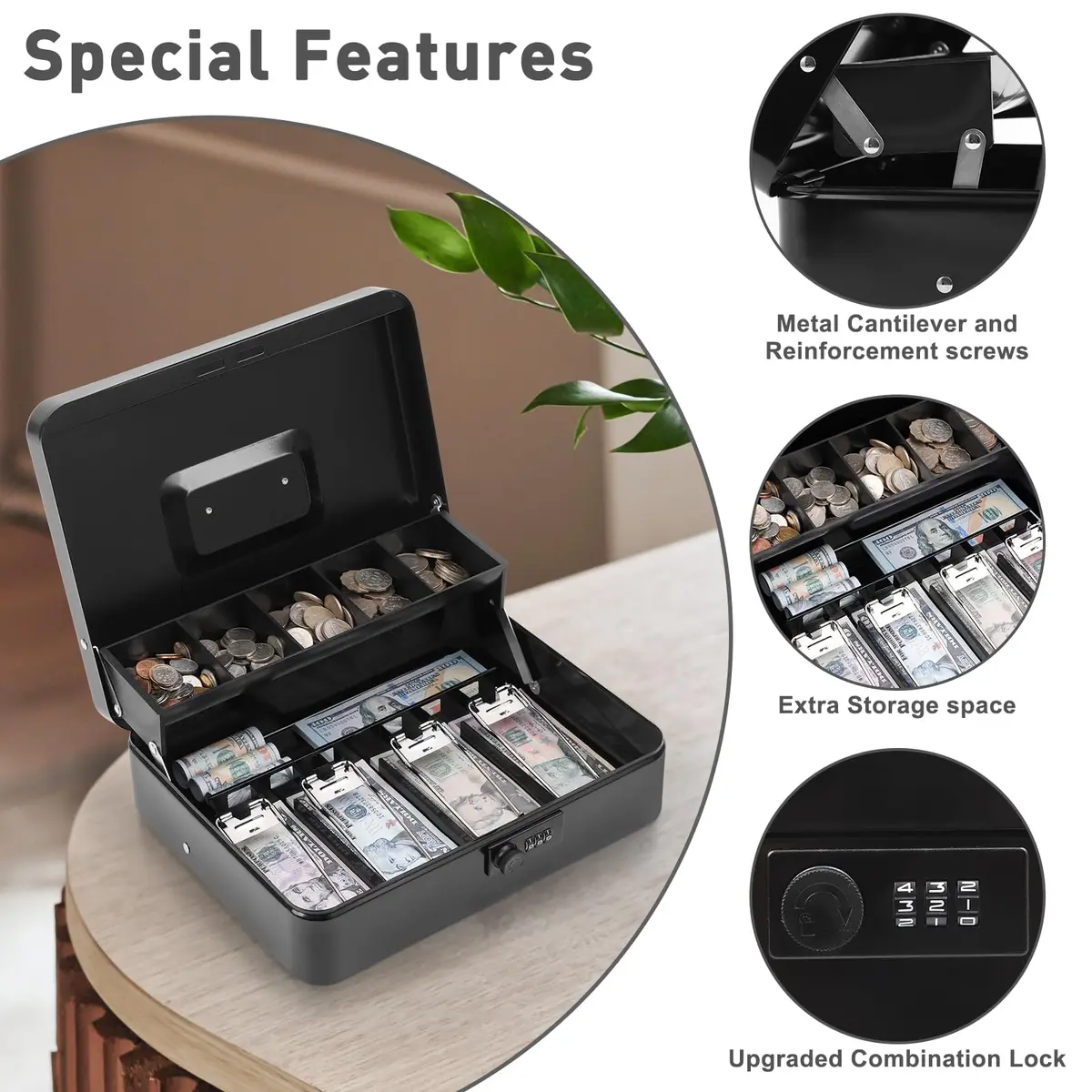 KYODOLED Metal Cash Box with Combination Lock & Spring-Loaded Bill Clips, 30cm (11.81") x 24cm (9.45") x 9cm (3.54") | Secure Storage for Businesses - view 5