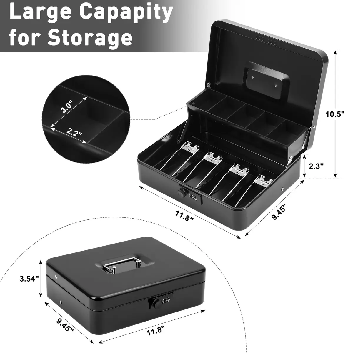 KYODOLED Metal Cash Box with Combination Lock & Spring-Loaded Bill Clips, 30cm (11.81") x 24cm (9.45") x 9cm (3.54") | Secure Storage for Businesses - view 6