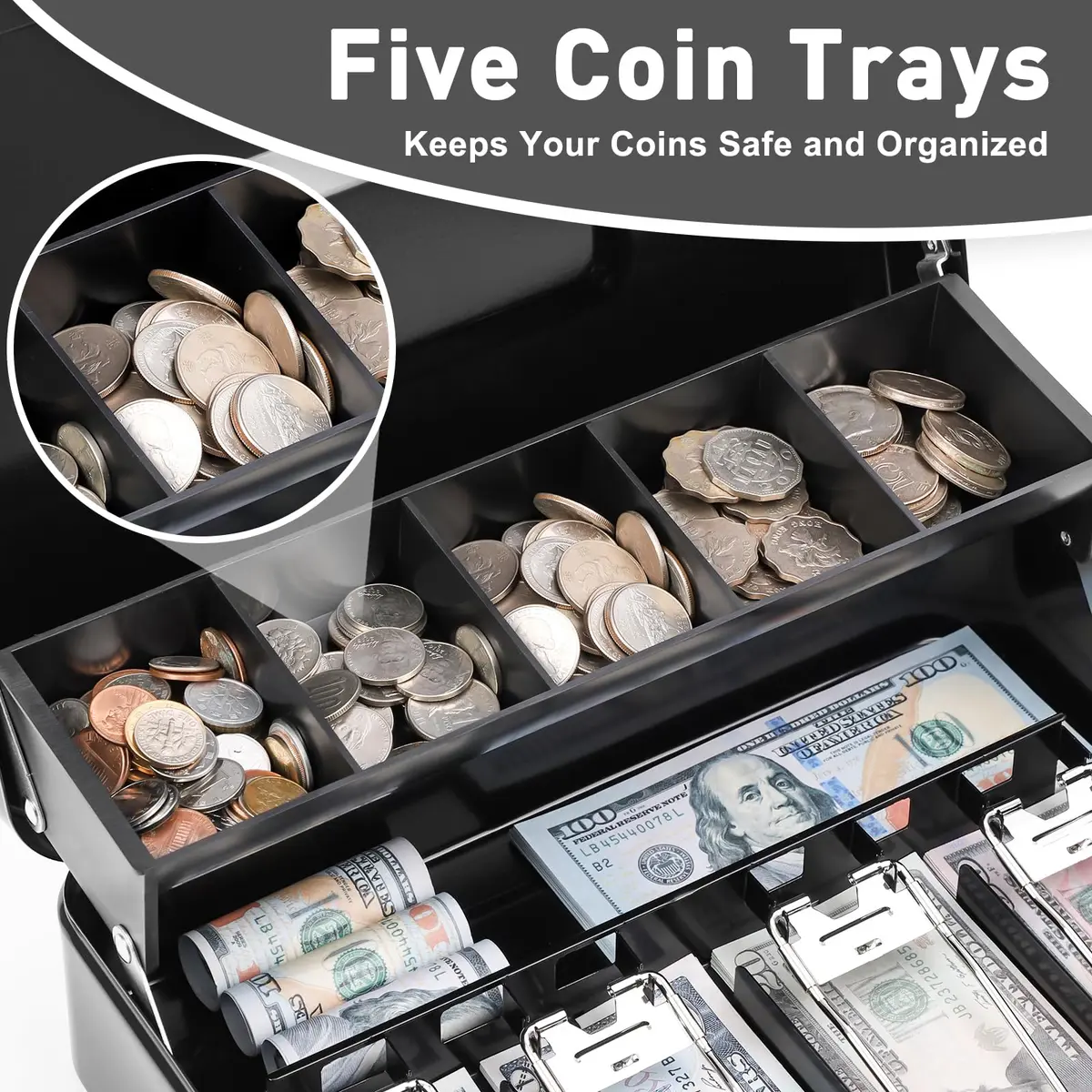 KYODOLED Metal Cash Box with Combination Lock & Spring-Loaded Bill Clips, 30cm (11.81") x 24cm (9.45") x 9cm (3.54") | Secure Storage for Businesses - view 3