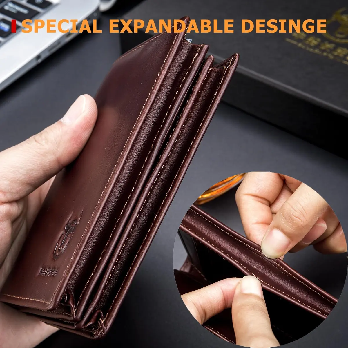 BULLCAPTAIN Genuine Leather Bifold Wallet for Men QB-027 Brown | RFID Blocking Large Capacity 11.9cm x 9.4cm x 2.5cm - view 6