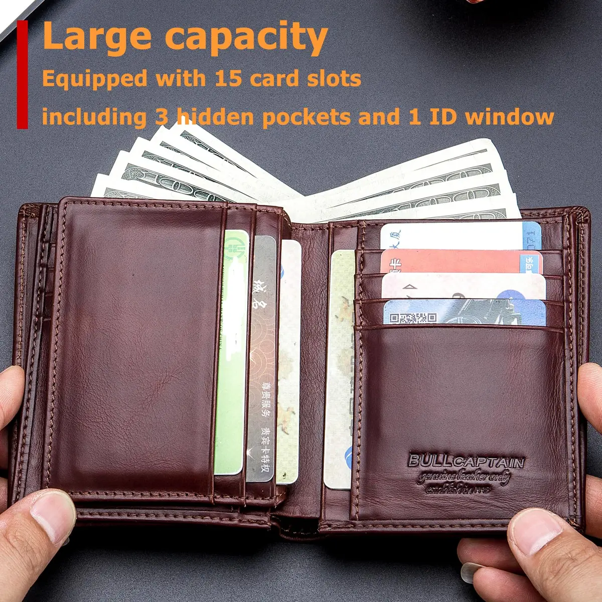 BULLCAPTAIN Genuine Leather Bifold Wallet for Men QB-027 Brown | RFID Blocking Large Capacity 11.9cm x 9.4cm x 2.5cm - view 3