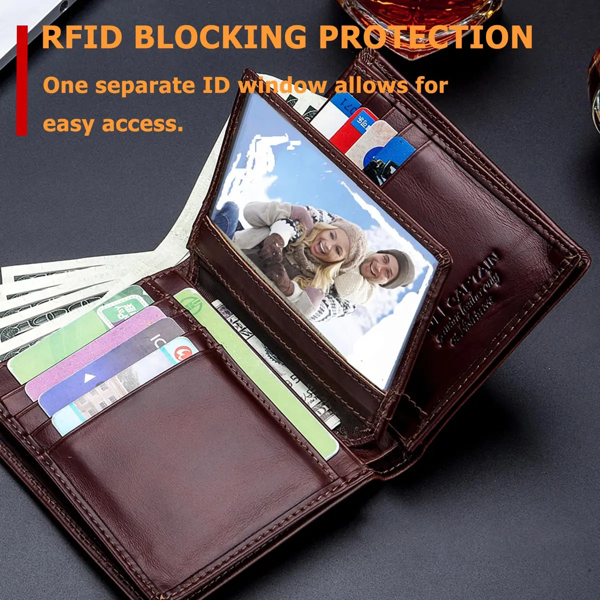 BULLCAPTAIN Genuine Leather Bifold Wallet for Men QB-027 Brown | RFID Blocking Large Capacity 11.9cm x 9.4cm x 2.5cm - view 4