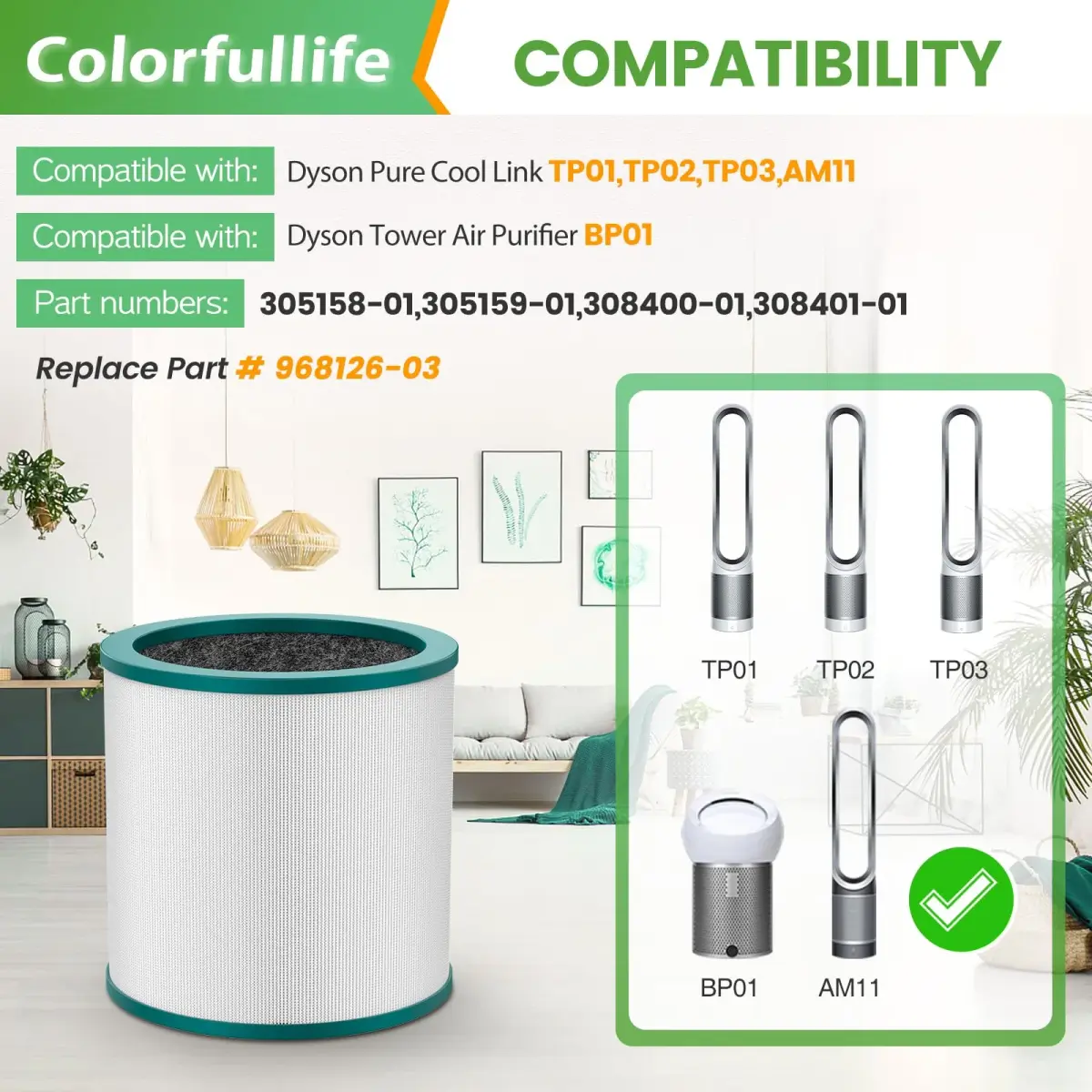 Colorfullife Replacement Air Purifier Filter for Dyson TP01, TP02, TP03, BP01 | 2-Pack True HEPA & Carbon - view 4