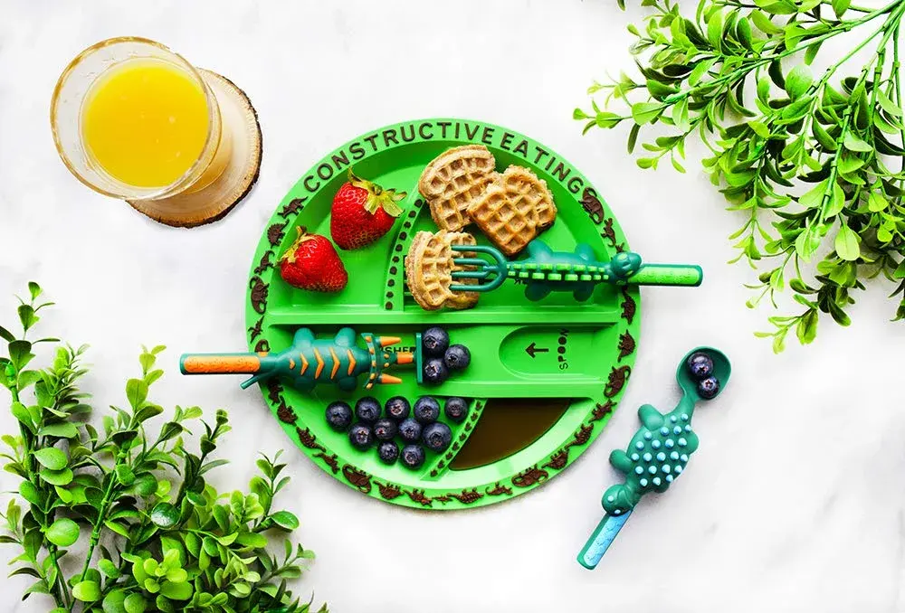 Constructive Eating Dinosaur Plate and Utensils Set | Toddler Dinnerware with Divided Plates (1 Plate, 3 Utensils) - view 9