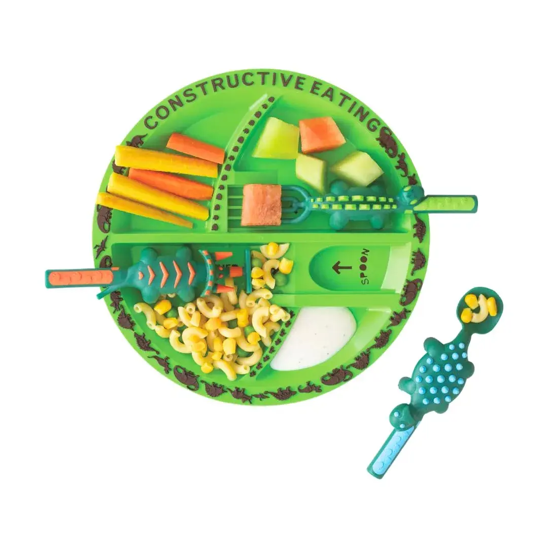Constructive Eating Dinosaur Plate and Utensils Set | Toddler Dinnerware with Divided Plates (1 Plate, 3 Utensils) - view 2