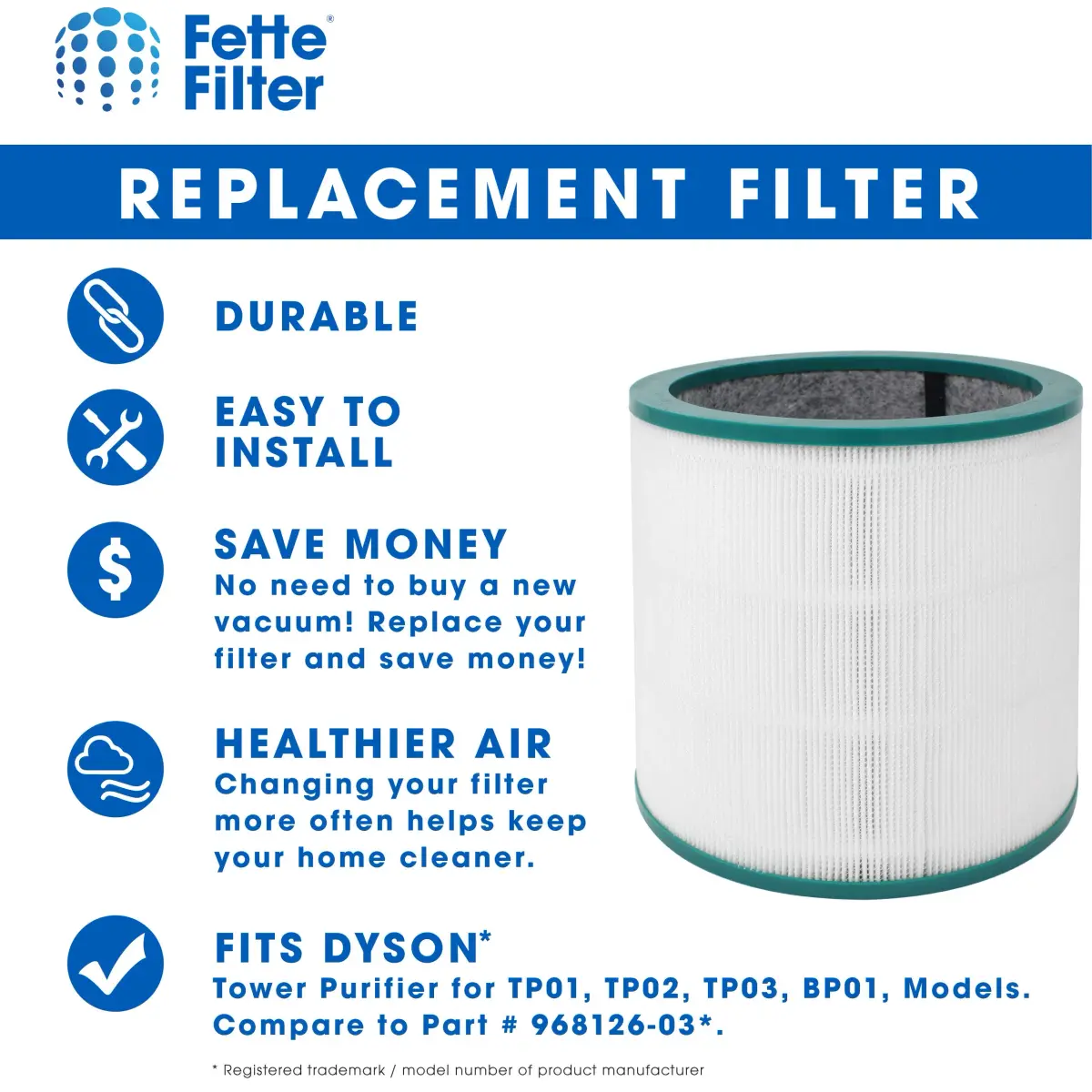 Fette Filter 2 Pack True HEPA Replacement Filters for Dyson TP00, TP01, TP02, TP03, BP01, AM11 7.8"x15.6"x7.8" | Captures Dust, Pollen, Pet Dander - view 2