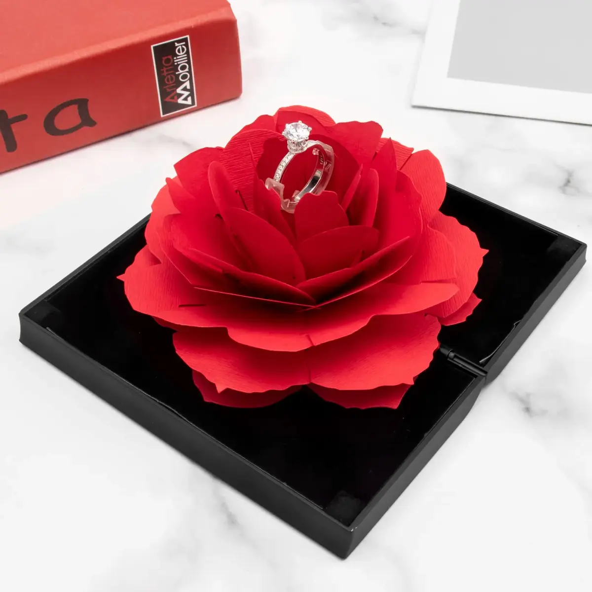 wonuu Pop Up Rose Engagement Ring Box | Black Resin Holder for Proposal, Wedding, Gift (12cm x 6.8cm x 2cm) - view 2